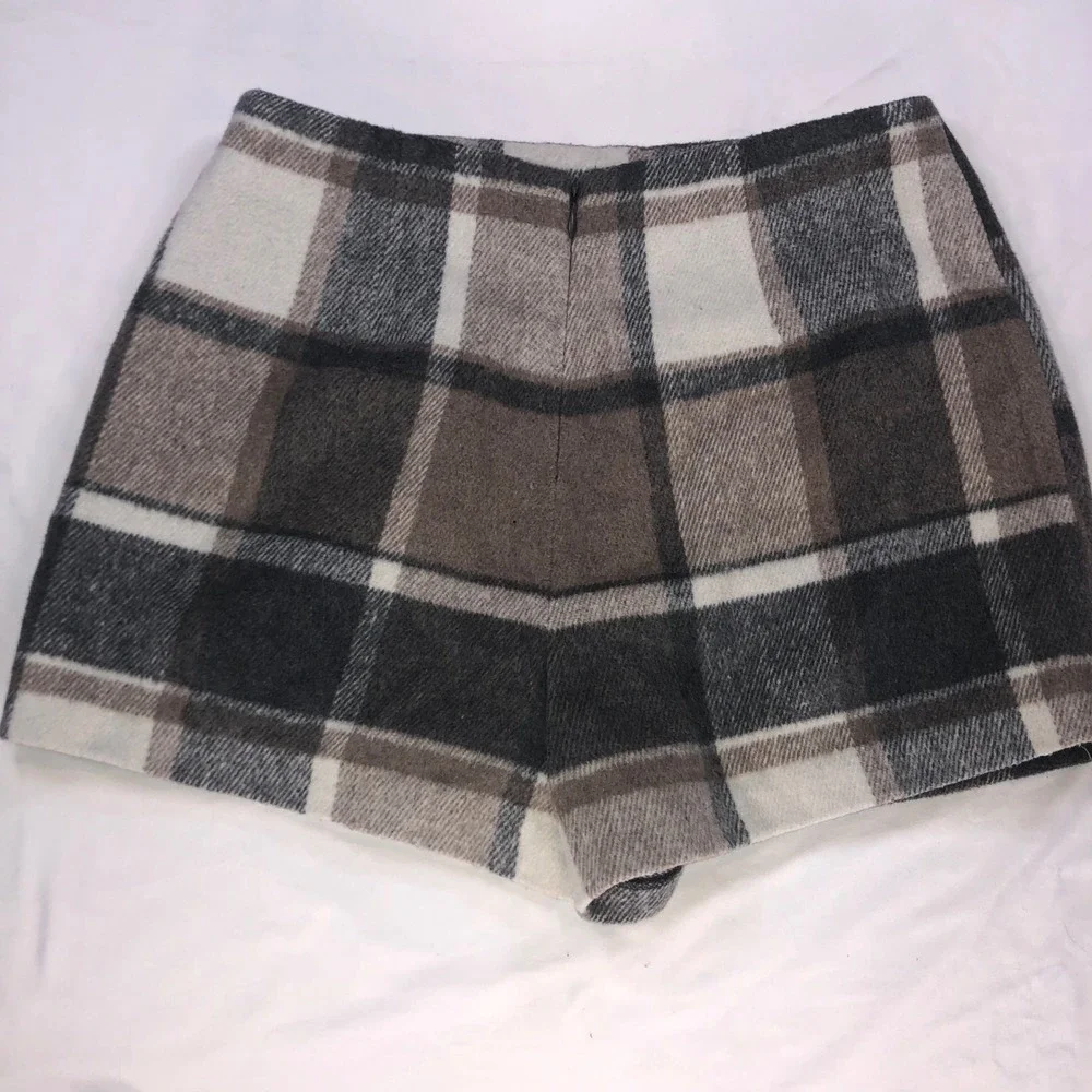 Forever 21 Plaid Wool Blend Skort Grey Brown Button Front Mini Skirt Shorts S - Picture 8 of 10